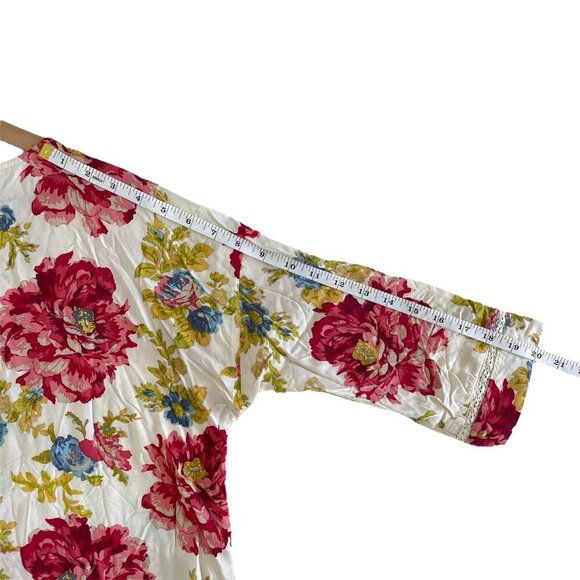 J Jill Petite L Cottage Floral Tunic Boho Boxy Blouse 3/4 Sleeve Lace Trim Rayon - Picture 13 of 16